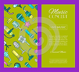 2 Microphone set of banners vector illustration. Live music concert. Karaoke party posters. Recording songs by singers