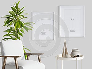 2 mockup frames, interior of a modern living room, 3d Illustration