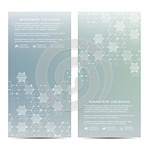 2 of modern vertical scientific banners. Molecular structure of DNA and neurons. Geometric abstract background. Medicine