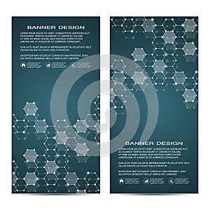 2 of modern vertical scientific banners. Molecular structure of DNA and neurons. Geometric abstract background. Medicine