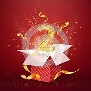 2 nd year number anniversary and open gift box with explosions confetti. Template two second birthday celebration on red