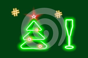 2 Neon glowing Christmas tree and wine glass with hashtags. Concept for icons, search, greetings