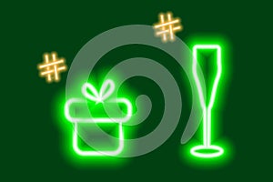 2 Neon luminous icons of gift box and wine glass with hashtags. Concept for congratulation or search