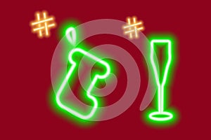 2 Neon luminous icons of gift sock and wine glass with hashtags. Concept for greetings or search