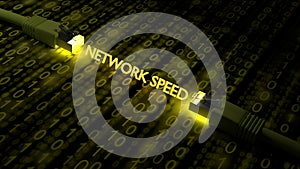 2 network cables on a floor textured with binary streams with the glowing word network speed