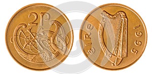 2 pence 1995 coin isolated on white background, Ireland