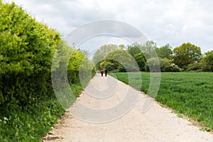 2 people walking away from the camera down a rural countryside path. One of them has a backpack on ready for a long hike