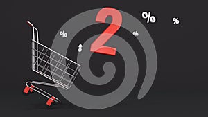 2 percent discount flying out of a shopping cart on a black background. Concept of discounts, black friday, online sales. 3d
