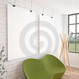 2 Posters Mock-UP In Contemporary Interior With Green Sofa