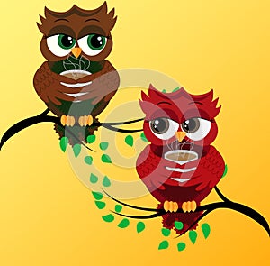 2 red cute flirtatious owls on branches, with a cup of steaming coffee, tea or chocolate