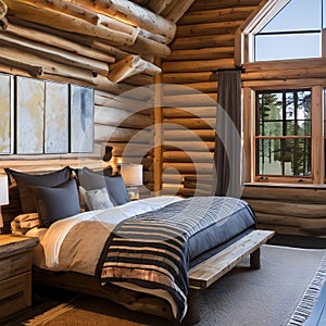 2 A rustic, log cabin-inspired bedroom with a mix of wooden and stone finishes, a classic log bed, and a mix of cozy and texture