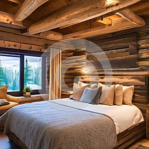 2 A rustic, log cabin-inspired bedroom with a mix of wooden and stone finishes, a classic log bed, and a mix of cozy and texture