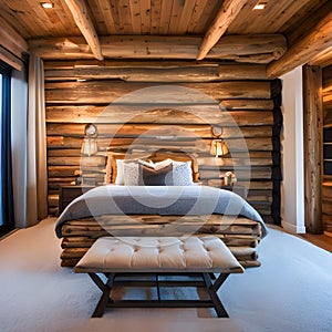 2 A rustic, log cabin-inspired bedroom with a mix of wooden and stone finishes, a classic log bed, and a mix of cozy and texture