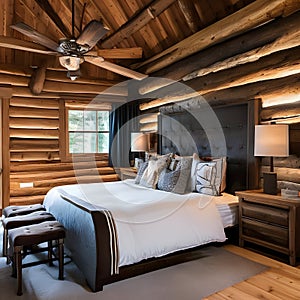 2 A rustic, log cabin-inspired bedroom with a mix of wooden and stone finishes, a classic log bed, and a mix of cozy and texture