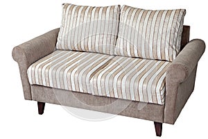 2 seater sofa upholstered in striped fabric, isolated on white.