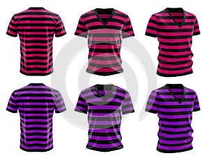 2 Set of black magenta purple pink stripe striped men tee t shirt v neck front, back side view on transparent, PNG