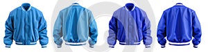 2 Set of dark light blue Oversized Baseball Bomber varsity jacket with ribbed strip hem, front back side view on transparent PNG