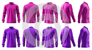 2 Set of magenta purple pink, front back side view collar polo tee shirt on transparent cutout, PNG