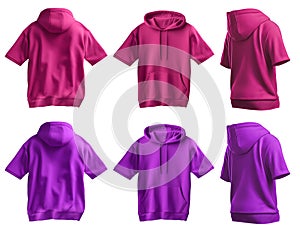 2 Set of magenta purple pink, front back side view tee short sleeve hoodie hoody sweatshirt on transparent cutout, PNG