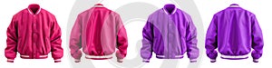 2 Set of magenta purple pink Oversized Baseball varsity jacket with ribbed strip hem, front back side view on transparent PNG