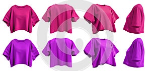 2 Set of magenta purple pink woman loose cropped midriff tee t shirt round neck front, back and side view on transparent, PNG