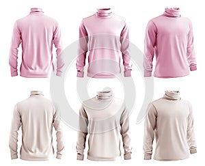 2 Set of men light pink beige cream long sleeve turtleneck High neck top sweater t-shirt, front back side view on transparent PNG