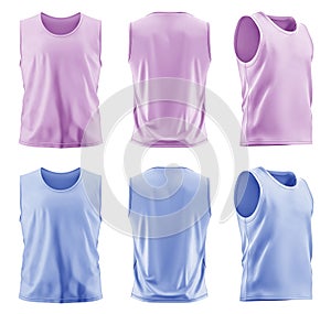 2 Set of men pastel light blue purple, front back side view sleeveless tee t shirt tank singlet vest round neck on transparent PNG
