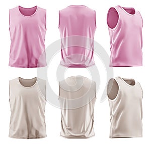 2 Set of men pastel light pink beige, front back side view sleeveless tee t shirt tank singlet vest round neck on transparent PNG