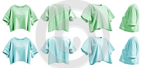 2 Set of pastel green blue woman loose cropped midriff tee t shirt round neck front, back and side view on transparent, PNG