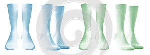 2 Set of pastel green turquoise blue, front side view blank plain socks on transparent, PNG