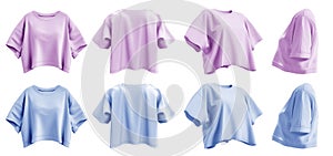 2 Set of pastel light blue purple woman loose cropped midriff tee t shirt round neck front, back side view on transparent, PNG