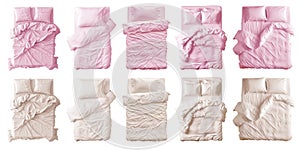 2 set of pastel light pink beige blank blanket, pillows duvet bedding double king queen single bed top view on transparent, PNG