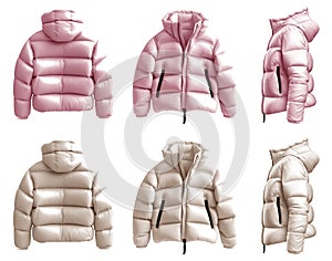 2 Set of pastel light pink beige cream Down puffer padded quilted hooded parka jacket, front back side on transparent PNG