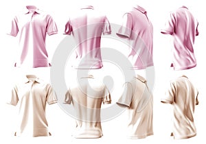2 Set of pastel light pink beige front, back and side view collar polo tee shirt on transparent background cutout, PNG