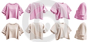 2 Set of pastel light pink beige woman loose cropped midriff tee t shirt round neck front, back side view on transparent, PNG