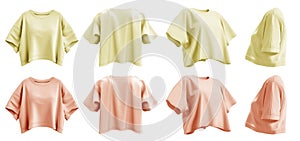 2 Set of pastel yellow orange woman loose cropped midriff tee t shirt round neck front, back and side view on transparent, PNG