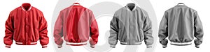 2 Set of red maroon grey gray Oversized Baseball varsity jacket with ribbed strip hem, front back side view on transparent PNG