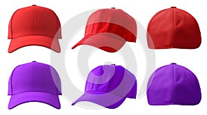2 Set of red purple magenta, front, back side view hat baseball cap on transparent cutout, PNG