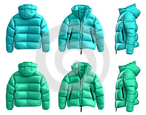2 Set of turquoise blue green Down puffer padded quilted hoodie hooded parka jacket, front back side on transparent PNG