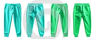 2 Set of turquoise blue green, front back view sweatpants jogger sports trousers bottom pants on transparent, PNG