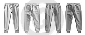 2 Set of white and light grey gray, front back view sweatpants jogger sports bottom pants on transparent, PNG
