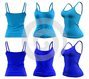 2 Set of woman dark light blue turquoise, front, back side view Spaghetti thin Strap Camisole tank cami Top on transparent, PNG