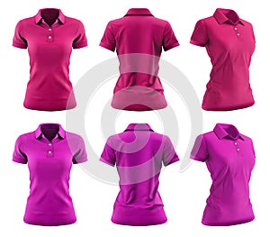 2 Set of woman magenta purple pink front, back and side view collar slim fit polo tee shirt on transparent, PNG