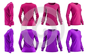 2 Set of woman magenta purple pink front, back side view round neck long sleeve tee shirt t-shirt on transparent, PNG