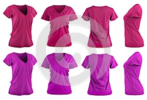 2 Set of woman magenta purple pink tee t shirt v-neck slim cut, front back and side view on transparent cutout, PNG