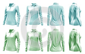 2 Set of woman pastel green turquoise blue front back side view collar long sleeve slim fit polo tee shirt on transparent, PNG