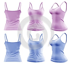 2 Set of woman pastel light blue purple, front, back and side view Spaghetti thin Strap Camisole tank cami Top on transparent, PNG