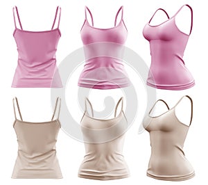 2 Set of woman pastel light pink beige, front, back and side view Spaghetti thin Strap Camisole tank cami Top on transparent, PNG
