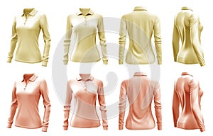2 Set of woman pastel light yellow orange front, back and side view collar long sleeve slim fit polo tee shirt on transparent, PNG