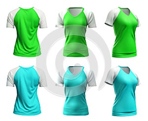 2 Set of woman turquoise blue green Raglan tee t shirt with white sleeve V neck front, back and side view on transparent, PNG